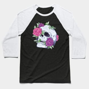 Skull and Peonies Sugar Tattoo Style Baseball T-Shirt